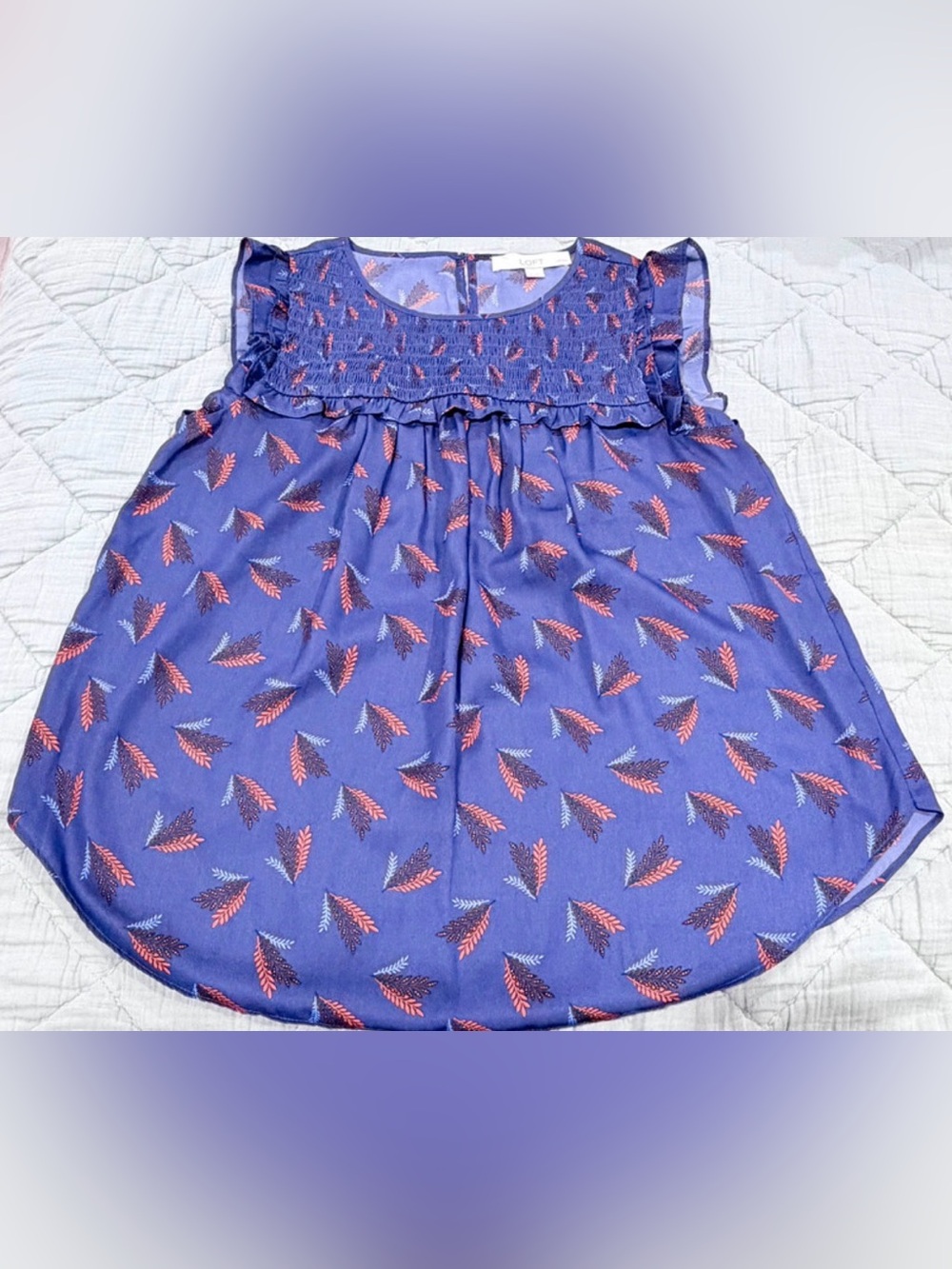 LOFT Purple Sleeveless Ruffle-Yoke Blouse with Coral Leaf Print